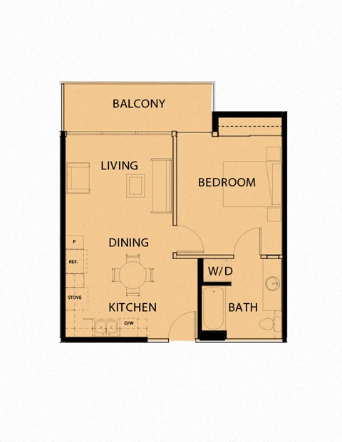 Floor plan for 1 bed, 1 bath, 582 sqft